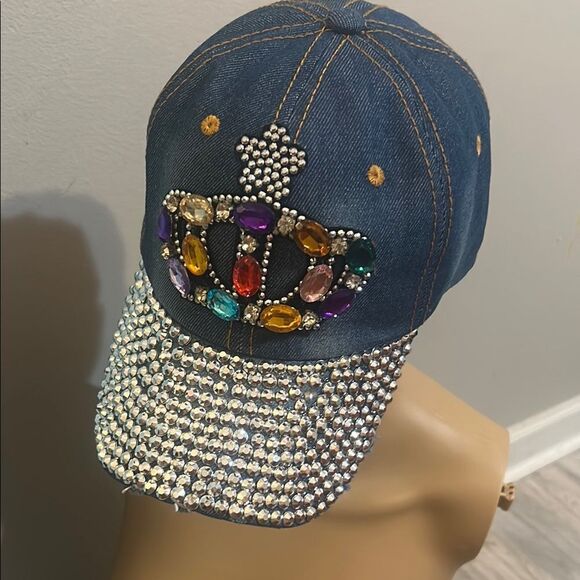NWOT Embellished Denim Cap with Rhinestones and Gemstones - Picture 1 of 9